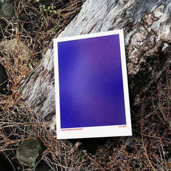 Blue Fade minimalist Danish art poster with soft blue gradients on enhanced matte paper. Poster placed in nature.