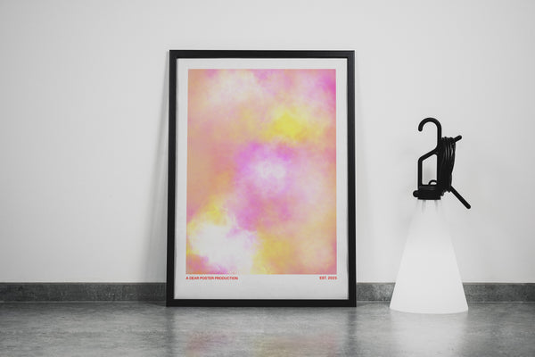 Cloudy minimalist Danish art poster with soft pink and yellow clouds on enhanced matte paper. Framed poster.