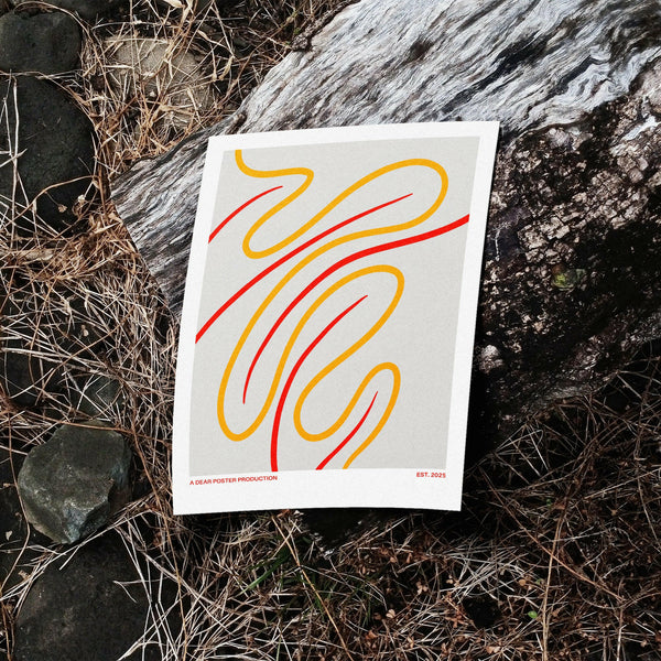 Leaf ish Curves minimalist Danish art poster with nice yellow and red strokes on enhanced matte paper. Poster placed in nature.