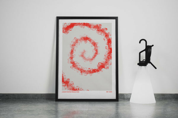 Red Spiral Timeline minimalist Danish art poster with inclusive red spiral on enhanced matte paper. Framed poster.