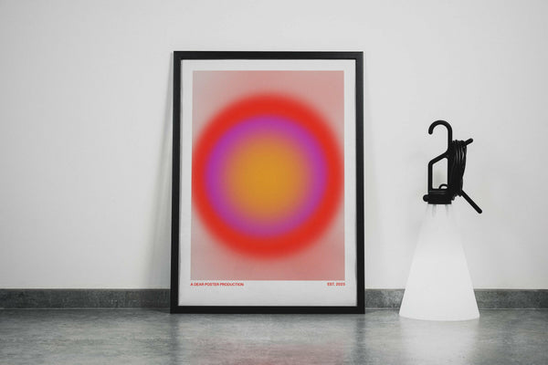 Ring of Trouble minimalist Danish art poster with soft red, purple and yellow gradients on enhanced matte paper. Framed poster.