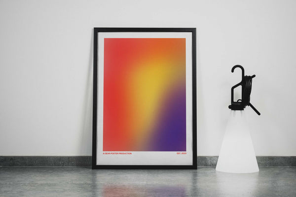 Three Color Fade minimalist Danish art poster with soft red, yellow and purple gradients on enhanced matte paper. Framed poster.