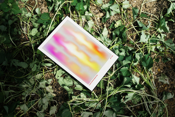 Unsharp Flame minimalist Danish art poster with soft pink and yellow gradients on enhanced matte paper. Poster placed in nature.