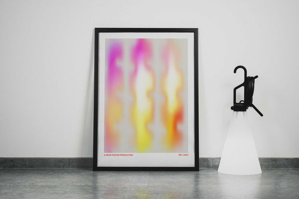 Unsharp Flame minimalist Danish art poster with soft pink and yellow gradients on enhanced matte paper. Framed poster.