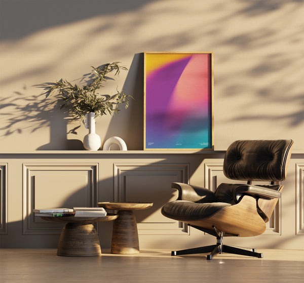 Wistful Light minimalist Danish art poster with soft red, purple and yellow gradients on enhanced matte paper. Interior setting.