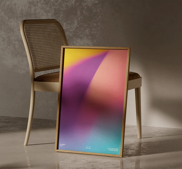 Wistful Light minimalist Danish art poster with soft red, purple and yellow gradients on enhanced matte paper. Interior setting.